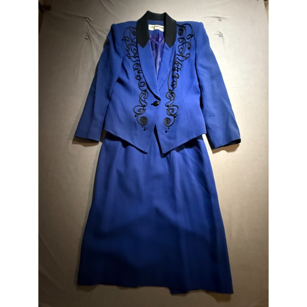 Vintage Liz Claiborne Skirt & Suit Jacket Set Womens 8 Blue Button Zip Old Money